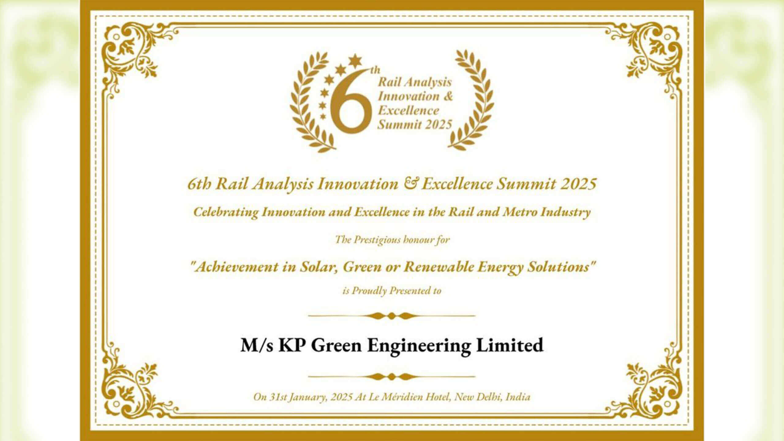 Award certificate from the 6th Rail Innovation and Excellence Summit 2025 presented to KP Green Engineering.