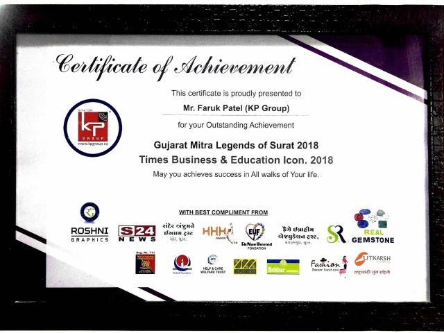 Certificate of Achievement presented to Mr. Faruk Patel by Gujarat Mitra for Legends of Surat & Times Business & Education Icon 2018