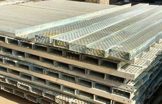 Perforated Steel Cable Tray A galvanized steel perforated cable tray showing the ventilated base designed for managing and protecting electrical cables.