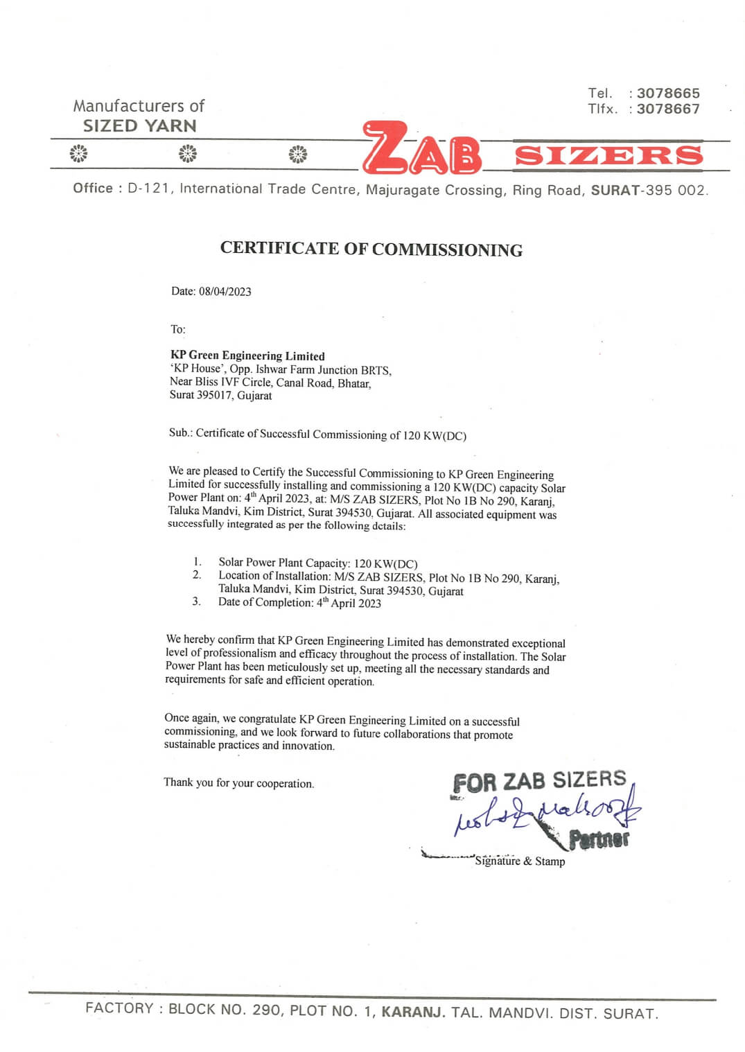 Certificate of commissioning for a solar rooftop project by KP Green Engineering.