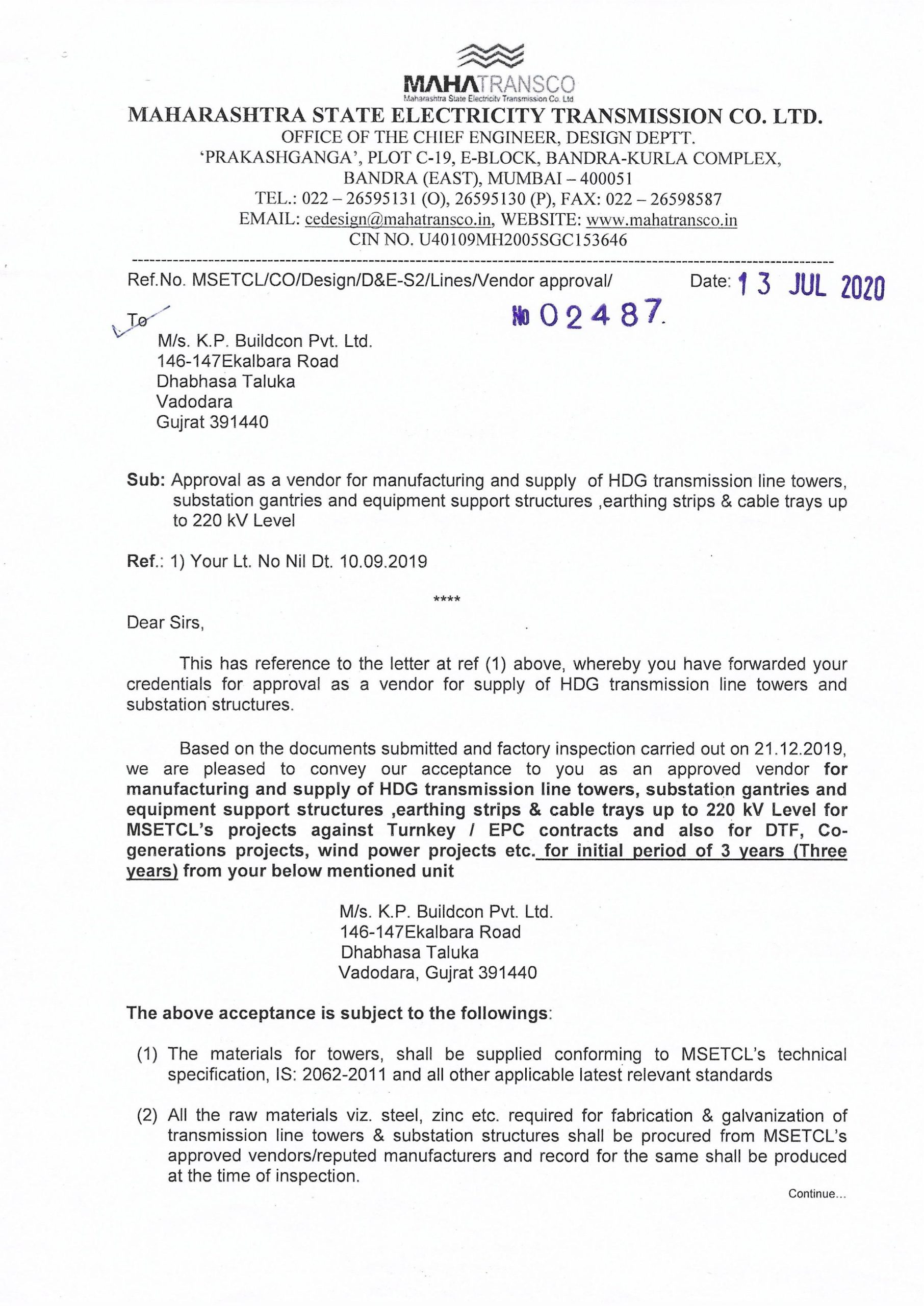 Maharashtra State Electricity Transmission Co. Ltd. vendor approval certificate for manufacturing HDG transmission line towers, substation gantries and cable trays up to 220 kV