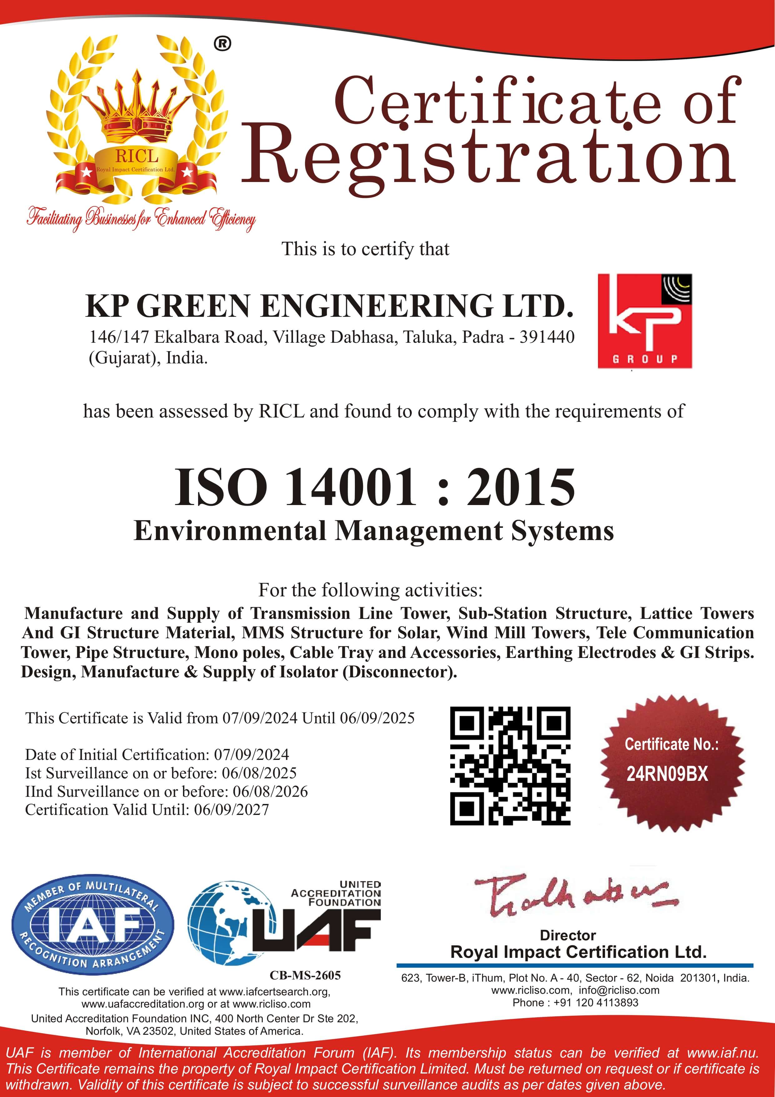 ISO 14001 certification for environmental management systems for KP Green Engineering.