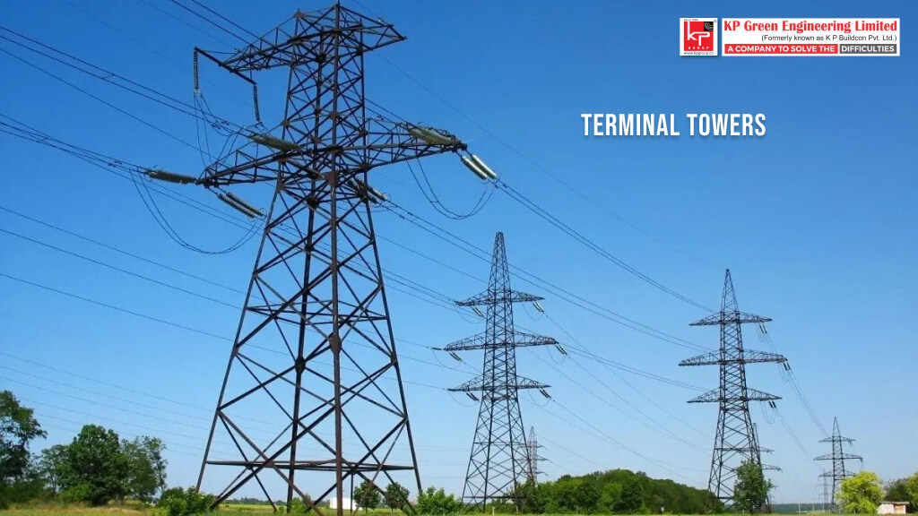 terminal transmission tower at the end of a power line, connecting to a substation.