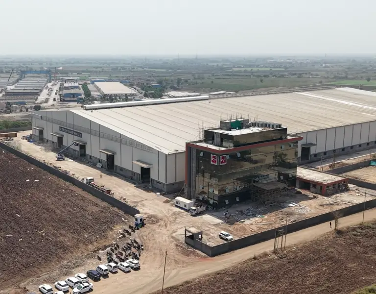 Aerial drone view of the expansive KP Green Engineering manufacturing facilities.
