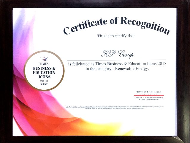 Certificate of Recognition awarded to KP Group as Times Business & Education Icon 2018 in Renewable Energy category by Optimal Media