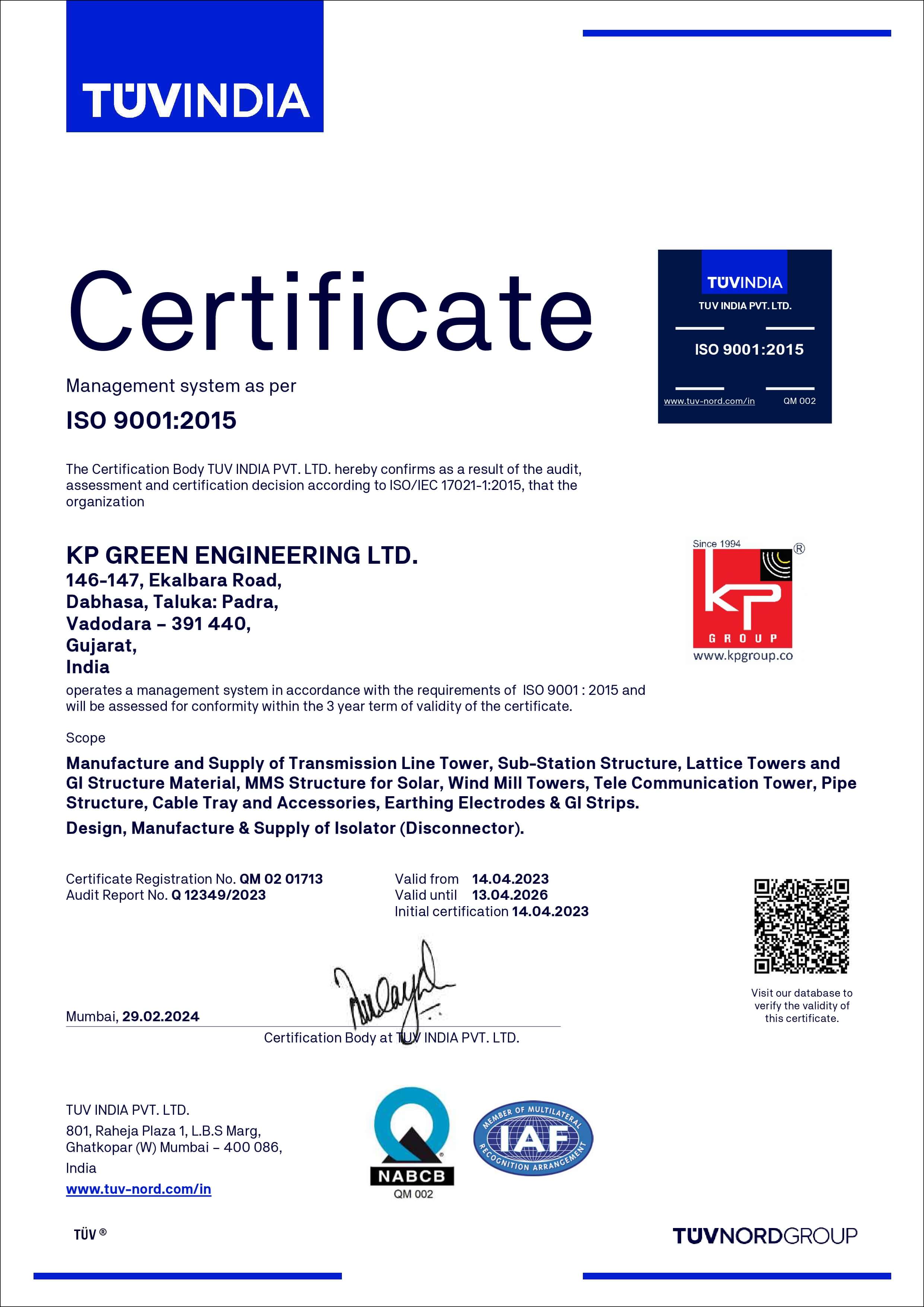 ISO 9001 certification for quality management systems awarded to KP Green Engineering Ltd.