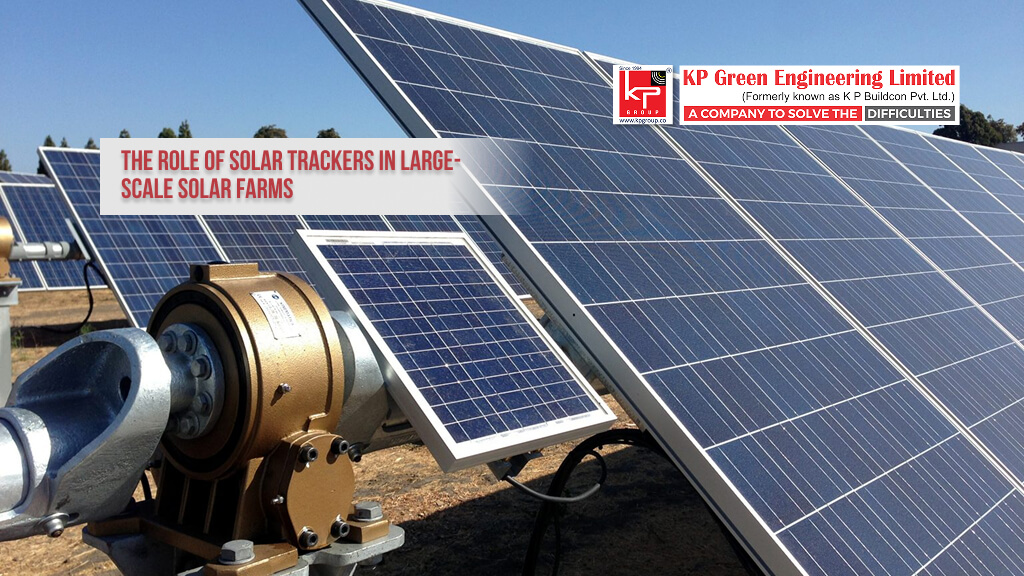A large-scale solar farm with rows of solar trackers optimizing panel angles towards the sun.