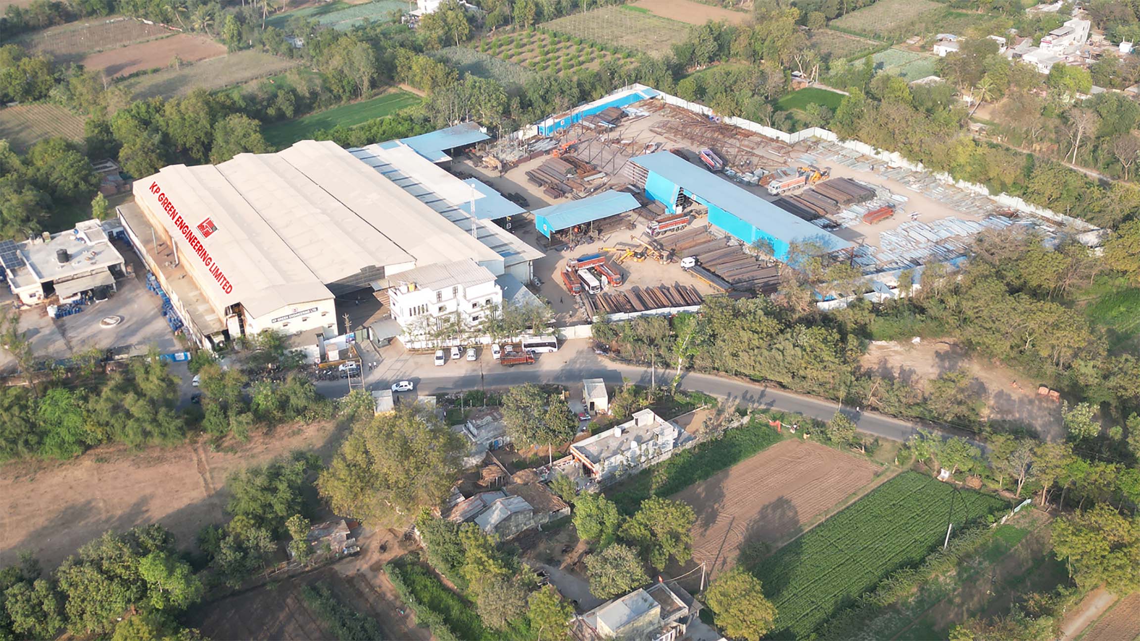 Aerial view of the KP Green Engineering manufacturing facility at Dabhasa, showcasing its large-scale fabrication plant.