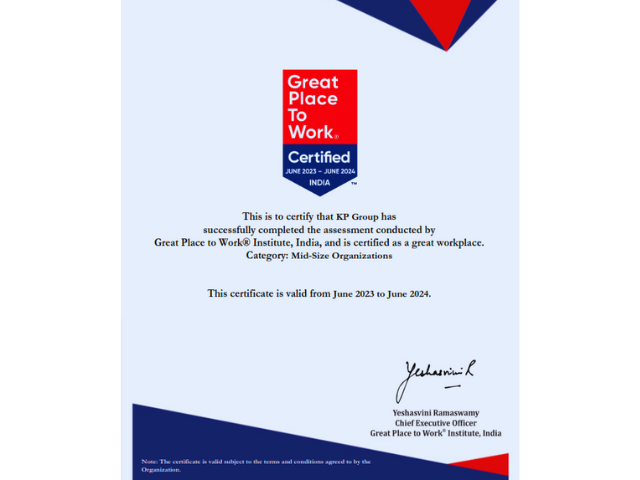 Great Place to Work Certified certificate for KP Group (June 2023 – June 2024)