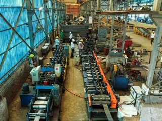 Aerial view of roll-forming lines producing C and Z profiles