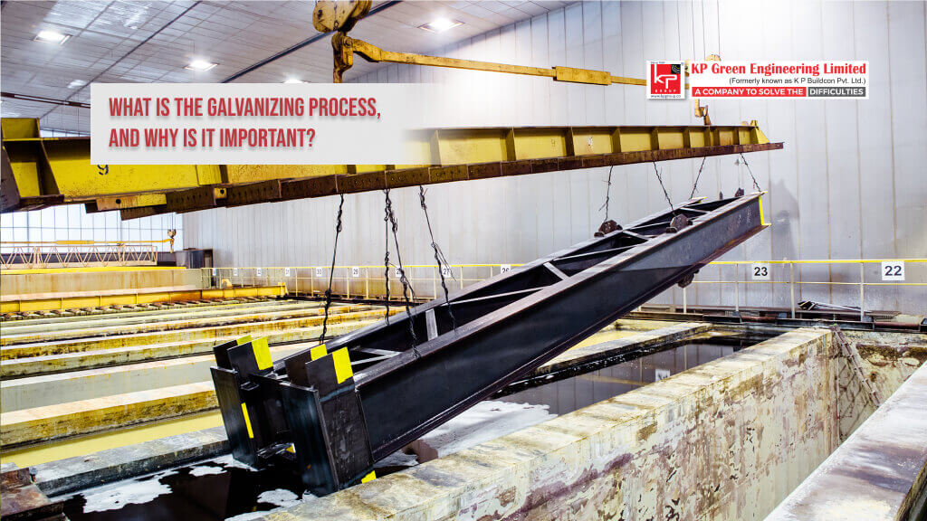 A steel structure being dipped into a molten zinc bath during the hot-dip galvanizing process.