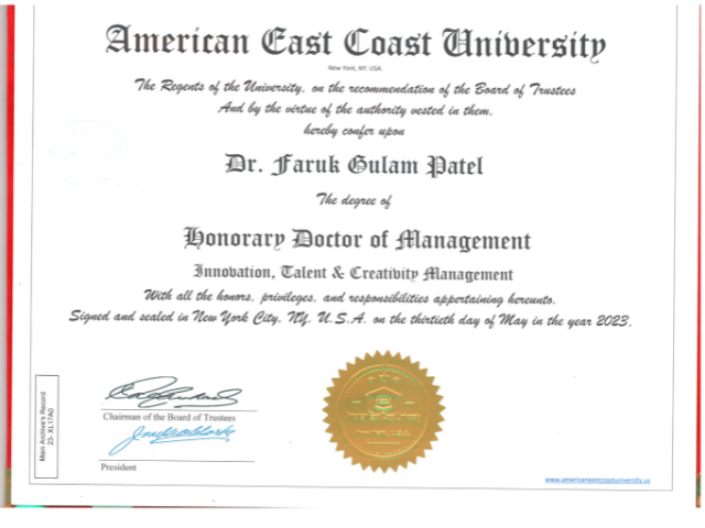 Honorary Doctor of Management degree certificate awarded to Dr. Faruk Gulam Patel by American East Coast University, New York